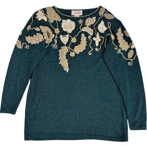80s Jocelyn Smith Metallic Green Sweater Beaded Embroidered Floral Med Vintage